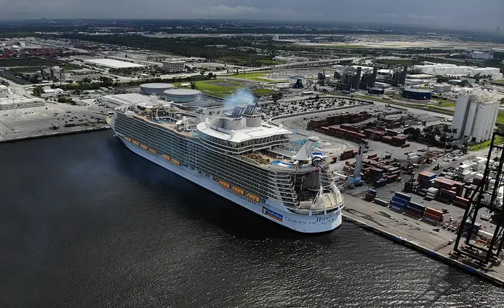 Cruise ship at sea, aerial view